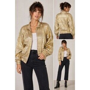ADS San Francisco Gold Metallic Pleated Bomber Jacket Korea Women S 80s Vintage